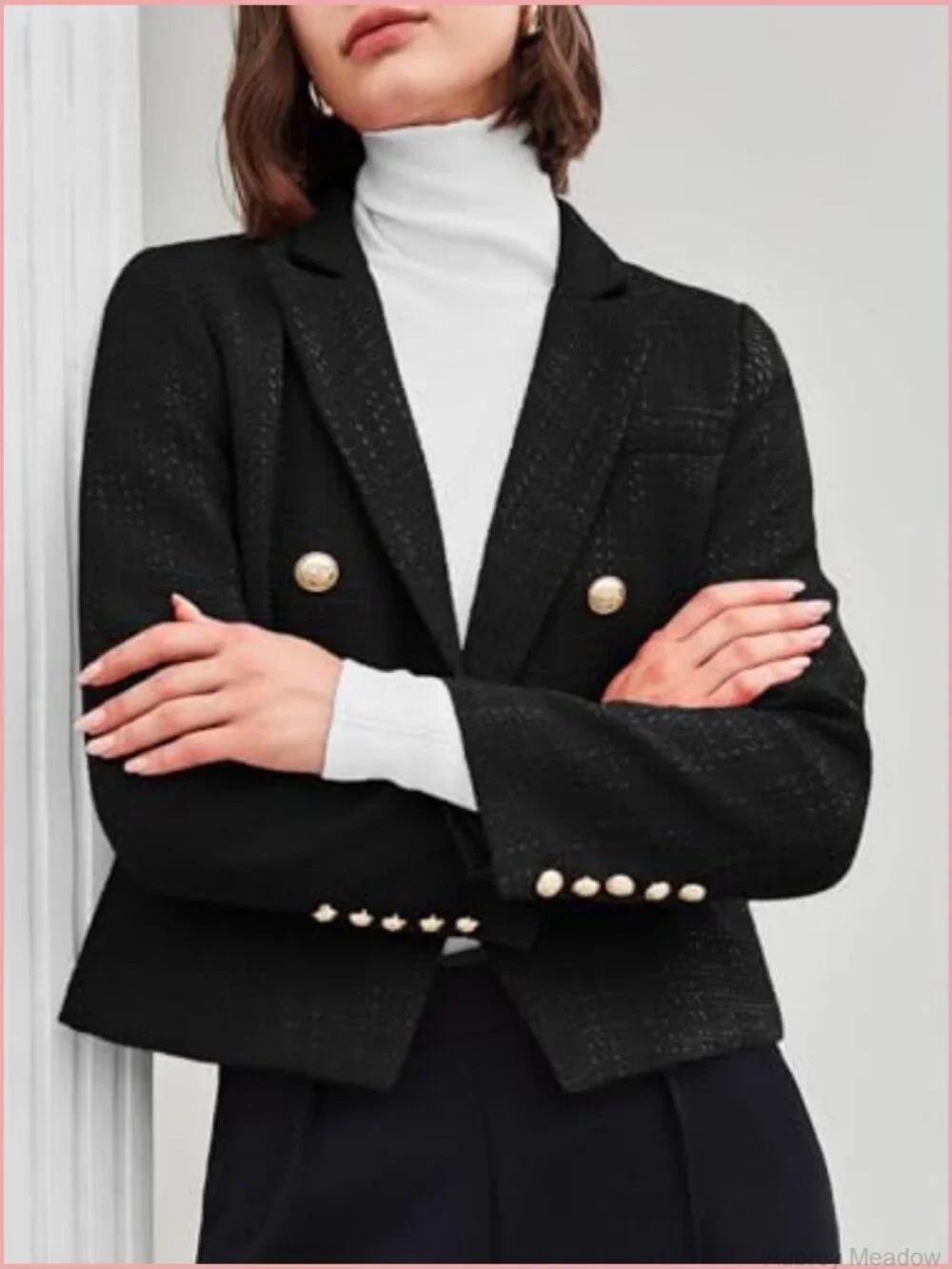 Cropped Tweed Blazer Jacket Lapel Open Front Long Sleeve Business Suit Jacket